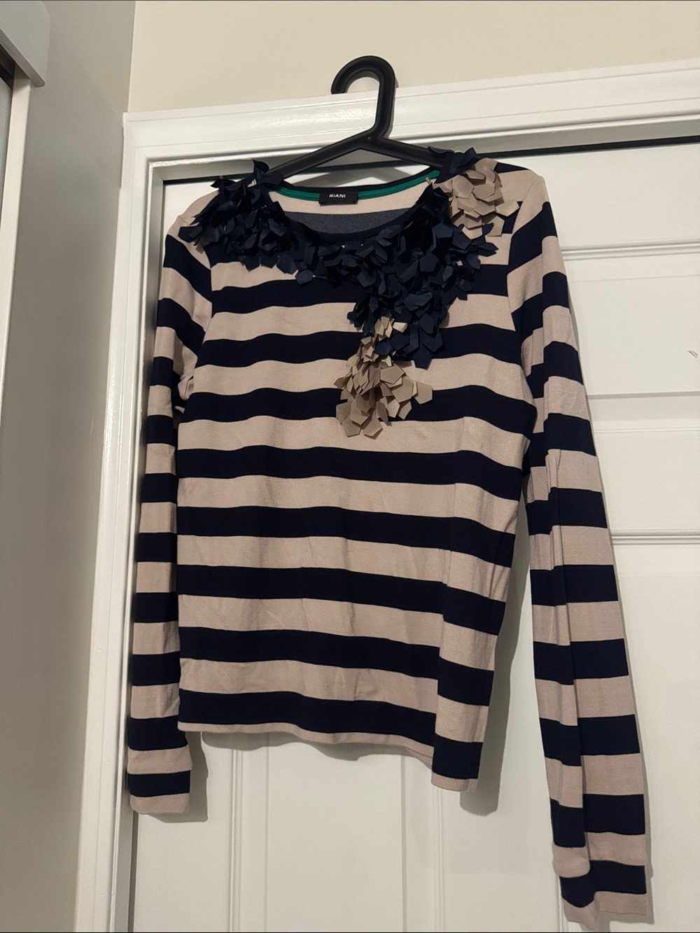RIANI Navy & Beige Striped Long-Sleeve Top with Floral Appliqué